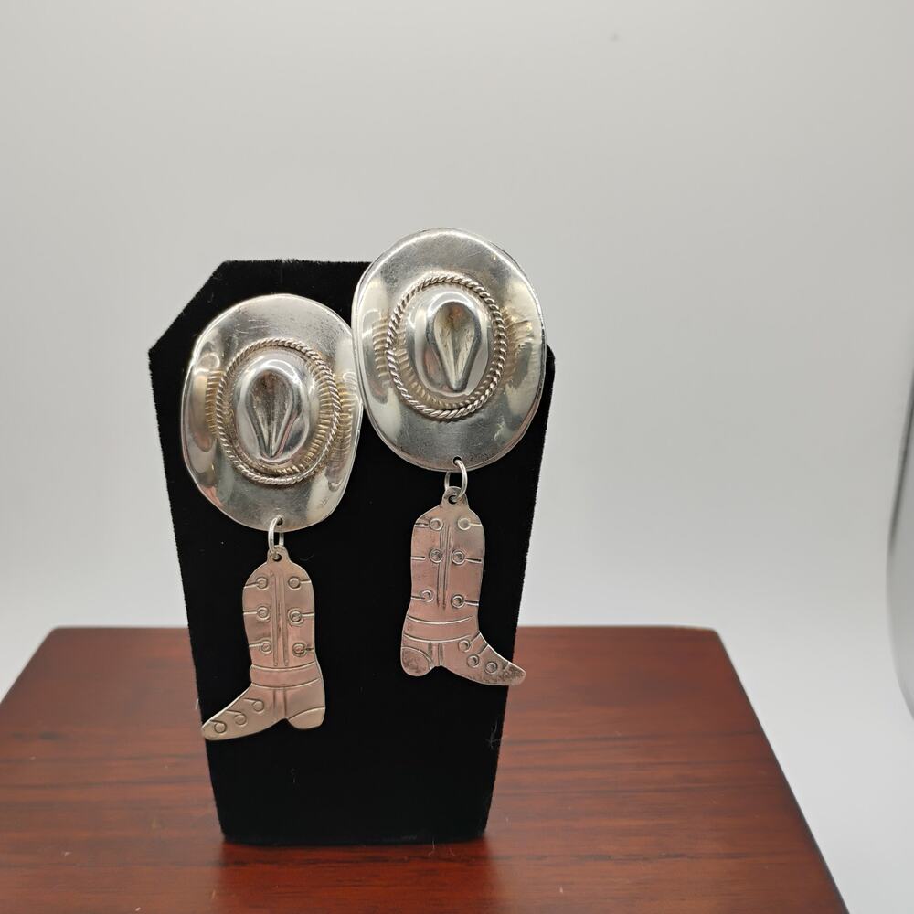 Cowboy Hat & Boots Earrings in Taxco Sterling Silver stamped TB-48